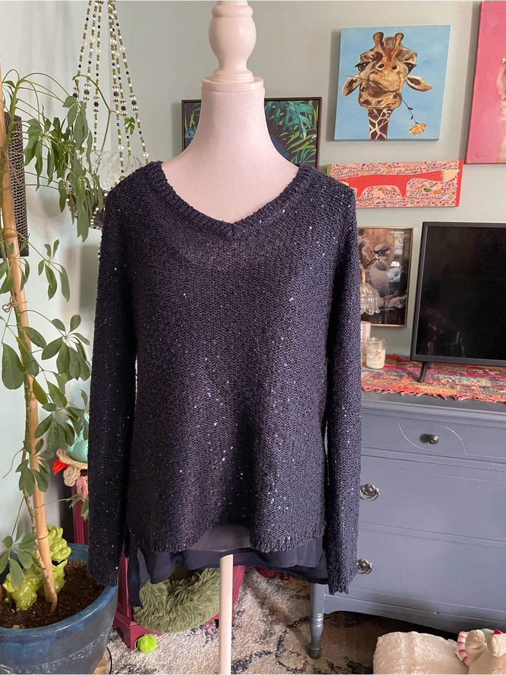 Dark Blue Sequin V-Neck Women's Sweater